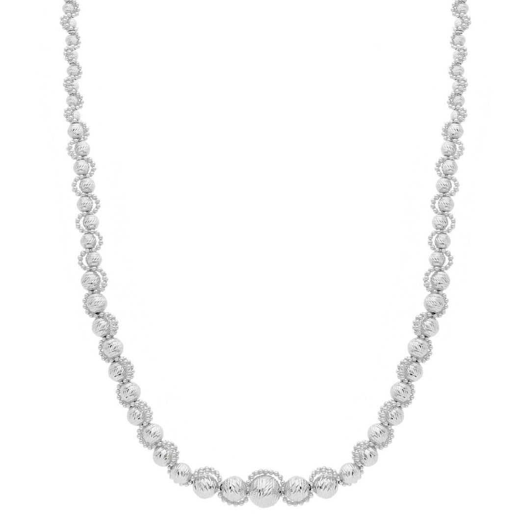 Collier en or blanc 18 carats, 18 pouces, sphères de 3 à 8 mm taillées en diamant avec monture à double boules
