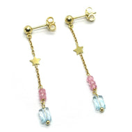 18K YELLOW GOLD LONG EARRINGS, FLAT STAR ROSE QUARTZ AND BLUE TOPAZ 5cm 2