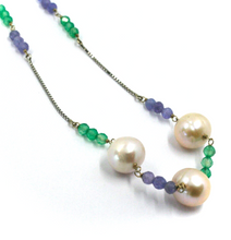 Load image into Gallery viewer, 18k white gold 33&quot; long necklace pink 10mm fw pearls 3.5mm tanzanite chalcedony
