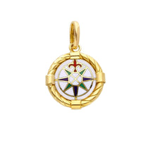 Load image into Gallery viewer, 18k yellow gold, red blue green enamel round 17mm compass pendant braided frame
