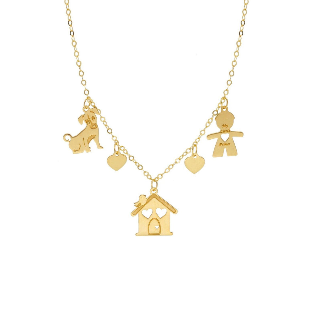 18k yellow gold rolo necklace family with 10mm boy, dog, house, hearts