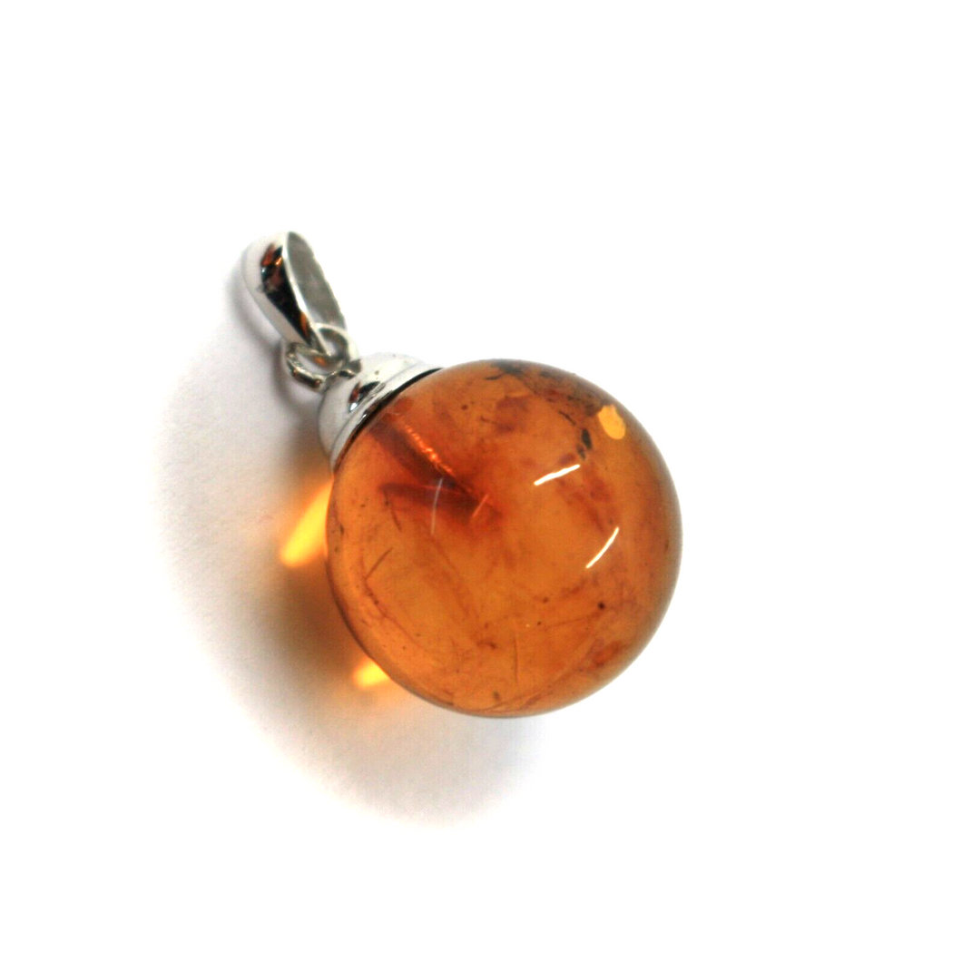 18k white gold pendant with natural orange amber sphere ball diameter 15mm