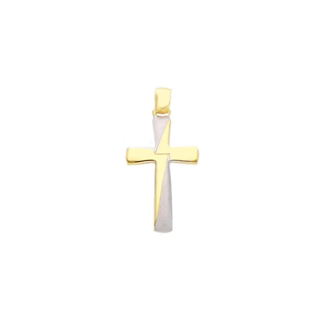 Solid 18k yellow and white gold flat cross luster and satin made in Italy