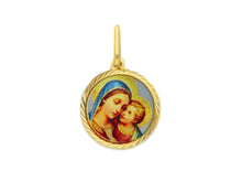 Load image into Gallery viewer, 18k yellow gold enamel round medal pendant, 15mm, Virgin Mary &amp; Jesus Christ
