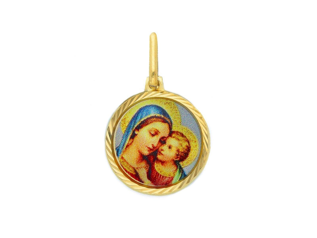 18k yellow gold enamel round medal pendant, 15mm, Virgin Mary & Jesus Christ