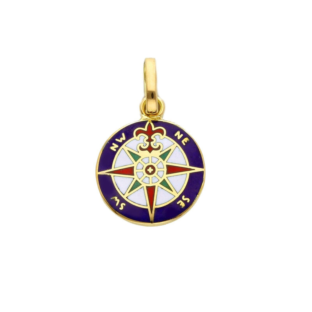 18k yellow gold red blue green enamel round pendant, diameter 15mm compass medal