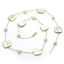 Load image into Gallery viewer, 18K YELLOW GOLD NECKLACE, WITH ALTERNATE FW PEARLS AND SQUARE MOTHER OF PEARL
