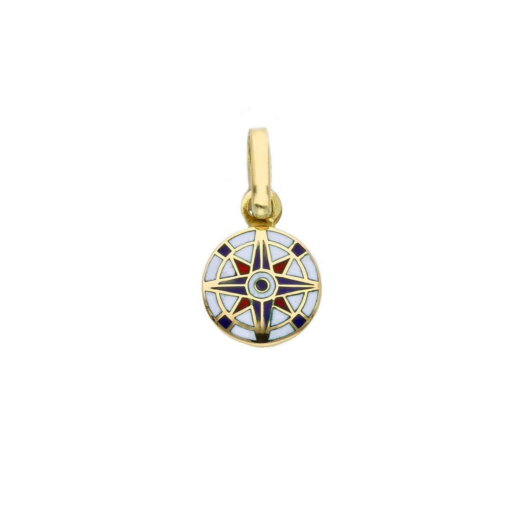 18k yellow gold red blue enamel round small pendant, diameter 10mm compass medal