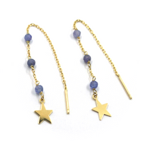 Load image into Gallery viewer, 18k yellow gold 4.5cm 1.77&quot; threader long earrings 3mm tanzanite, 6mm stars
