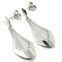 Load image into Gallery viewer, 18K WHITE GOLD LONG EARRINGS, WORKED DROPS, BUTTERFLY CLOSURE, 3.9cm
