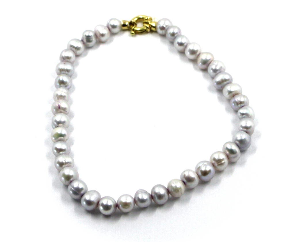 Pulsera de oro amarillo de 18 quilates de 18,1 cm con perlas barrocas de agua dulce redondas/ovaladas de color púrpura de 6 mm.