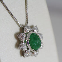 Load image into Gallery viewer, 18K WHITE GOLD FLOWER SUN DIAMONDS CARVED EMERALD NECKLACE ART DECO
