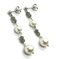 PENDIENTES LARGOS DE ORO BLANCO DE 18 QUILATES, PERLAS BLANCAS FW, LABRADORITA, 4,5 cm, 1,8