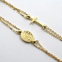 Load image into Gallery viewer, 18k yellow gold Rosary 22&quot; necklace, 3mm faceted red ruby Cross Miraculous medal
