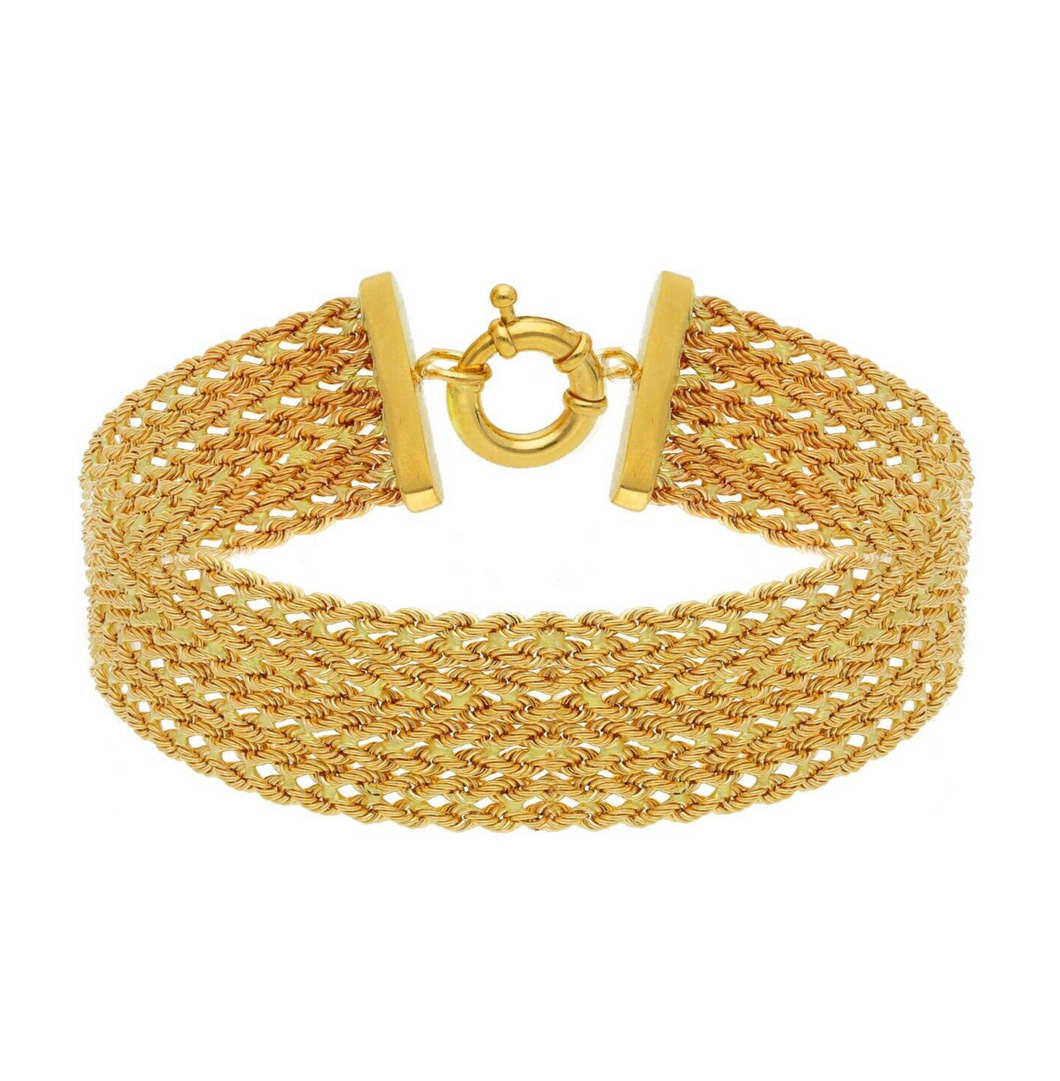 18k yellow gold multi-strand 8 ropes wires braided bracelet 15 mm wide, 7.5
