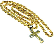 Load image into Gallery viewer, 18K YELLOW GOLD BIG 5 MM ROPE CHAIN, 24 INCHES &amp; STYLIZED SQUARE TWO TONE CROSS
