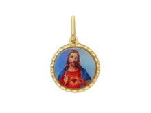 Cargar imagen en el visor de la galería, Colgante de medalla redonda esmaltada en oro amarillo de 18 quilates, 15 mm, Sagrado Corazón de Jesucristo
