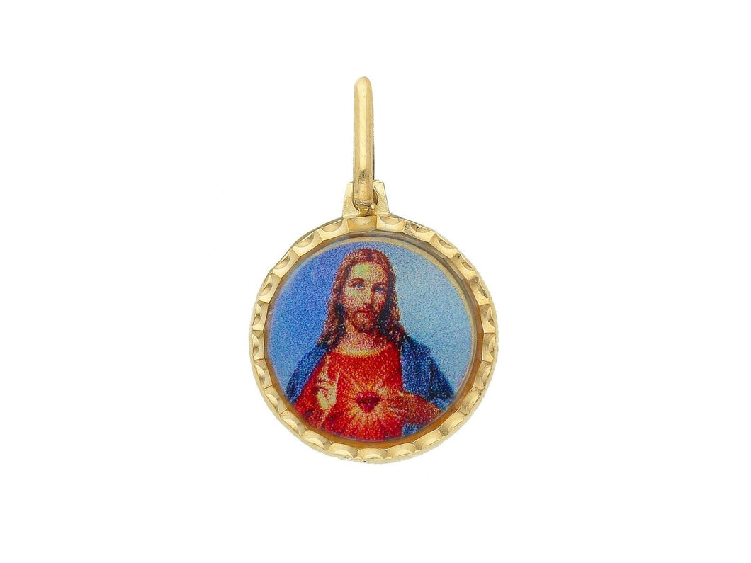 Colgante de medalla redonda esmaltada en oro amarillo de 18 quilates, 15 mm, Sagrado Corazón de Jesucristo