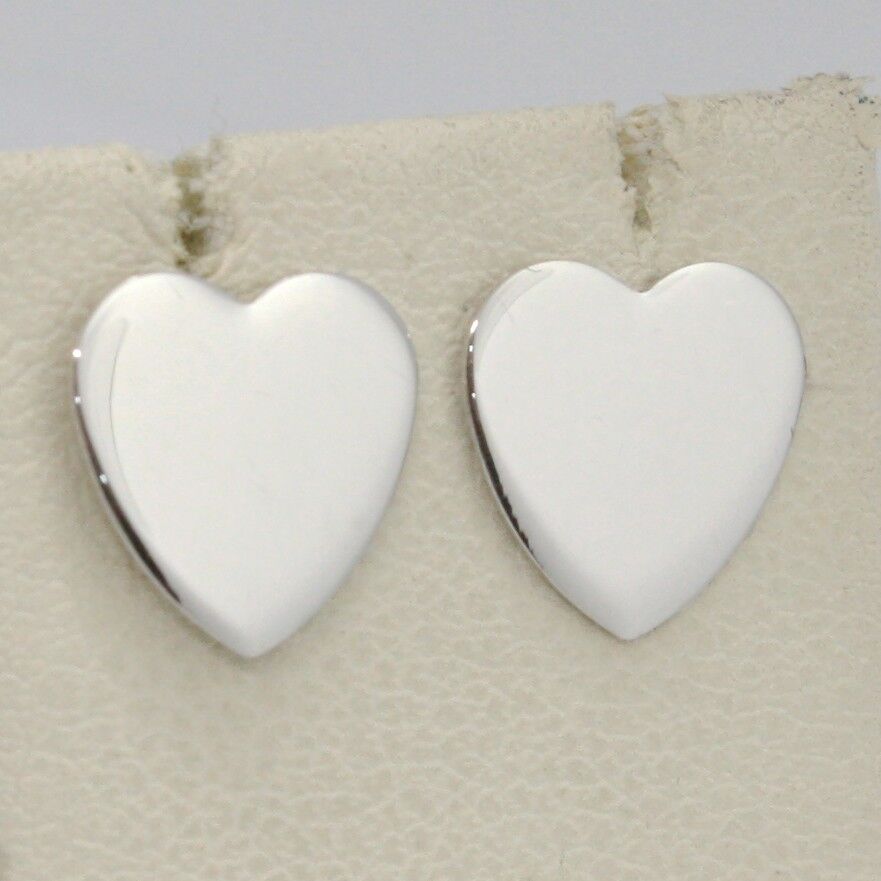 SOLID 18K WHITE GOLD EARRINGS FLAT HEART, SHINY, SMOOTH, 10 MM, MADE IN ITALY