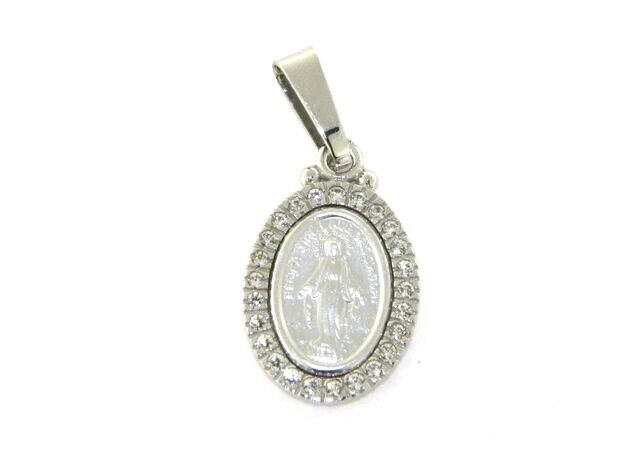 SOLID 18K WHITE GOLD ZIRCONIA MIRACULOUS MEDAL VIRGIN MARY MADONNA