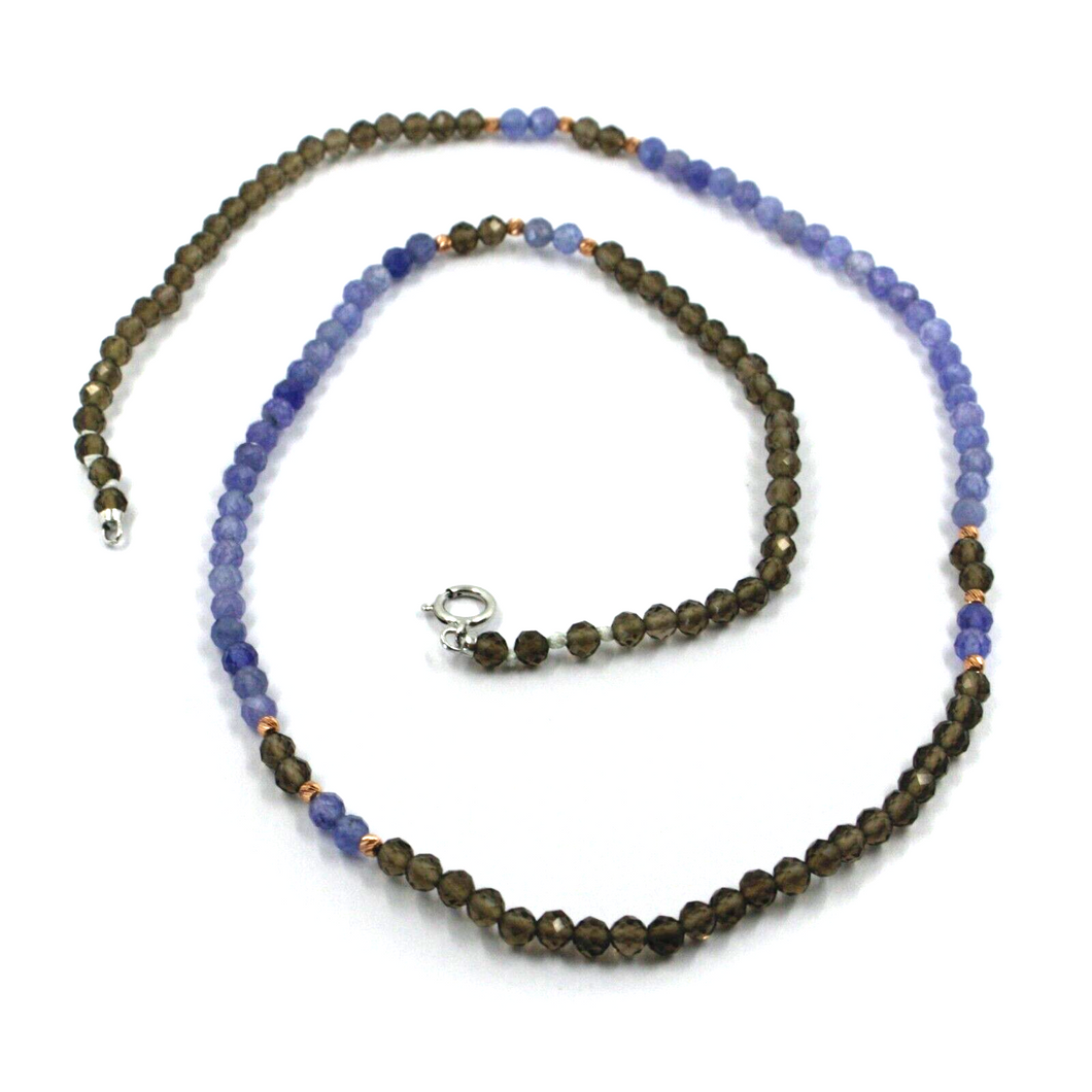 Collar de oro blanco rosa de 18 quilates de 45 cm con tanzanita azul de 3,5 mm y cuarzo ahumado.