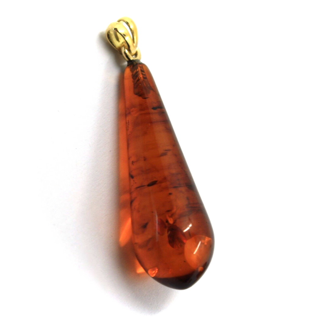 18k yellow gold pendant with natural big drop orange amber 40x13mm