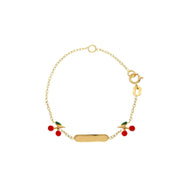 Pulsera rolo niña oro amarillo 18k esmalte rojo cerezas 5mm 14-16cm 