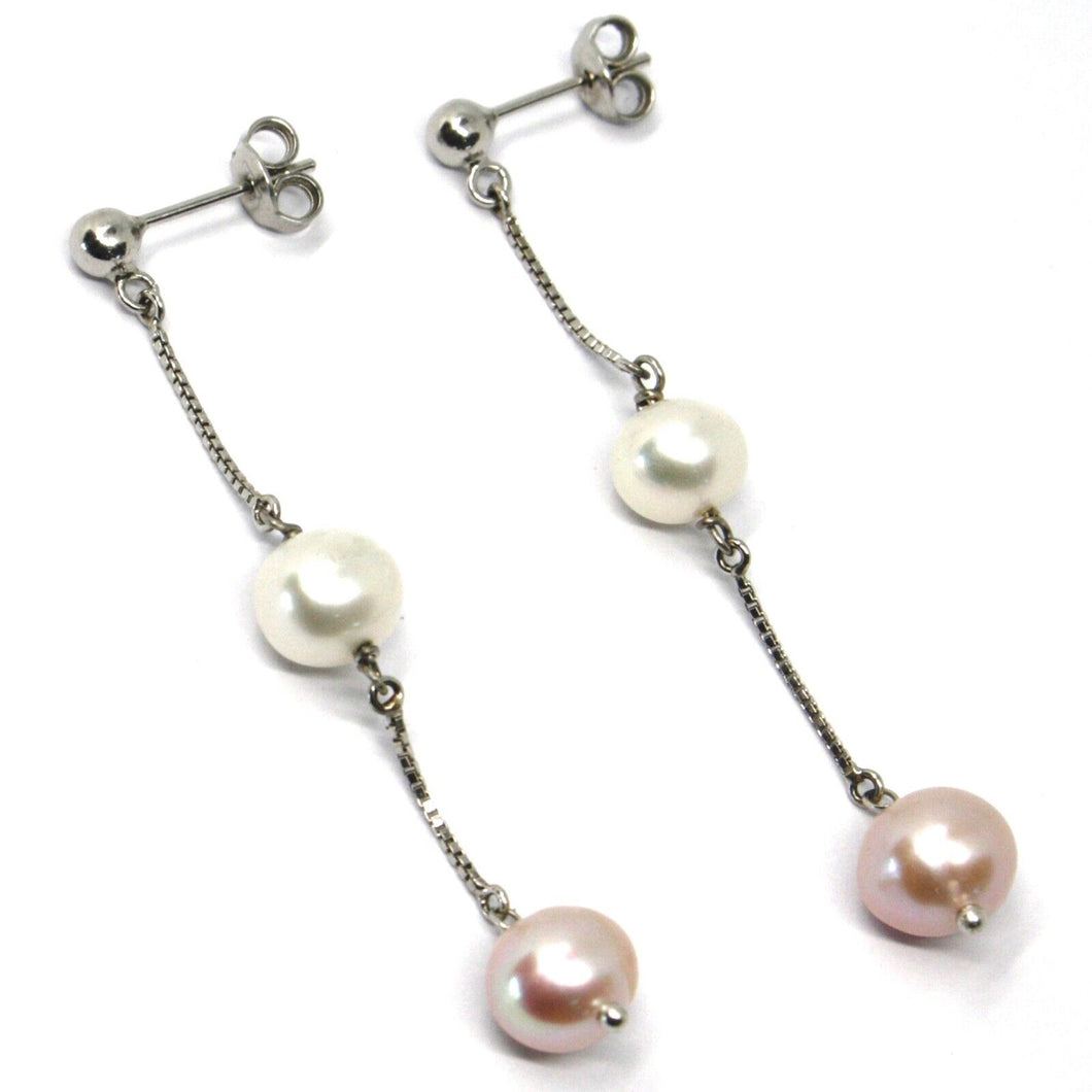 18K WHITE GOLD LONG EARRINGS, WHITE & PURPLE FRESHWATER PEARLS, LENGTH 6.2 CM