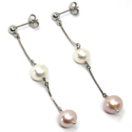 18K WHITE GOLD LONG EARRINGS, WHITE & PURPLE FRESHWATER PEARLS, LENGTH 6.2 CM