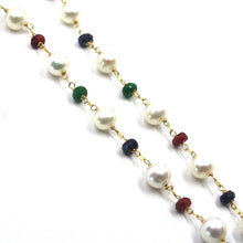 Load image into Gallery viewer, 18K YELLOW GOLD 20&quot; NECKLACE ALTERNATE 4mm SAPPHIRE EMERALD RUBY &amp; 6.5mm PEALS
