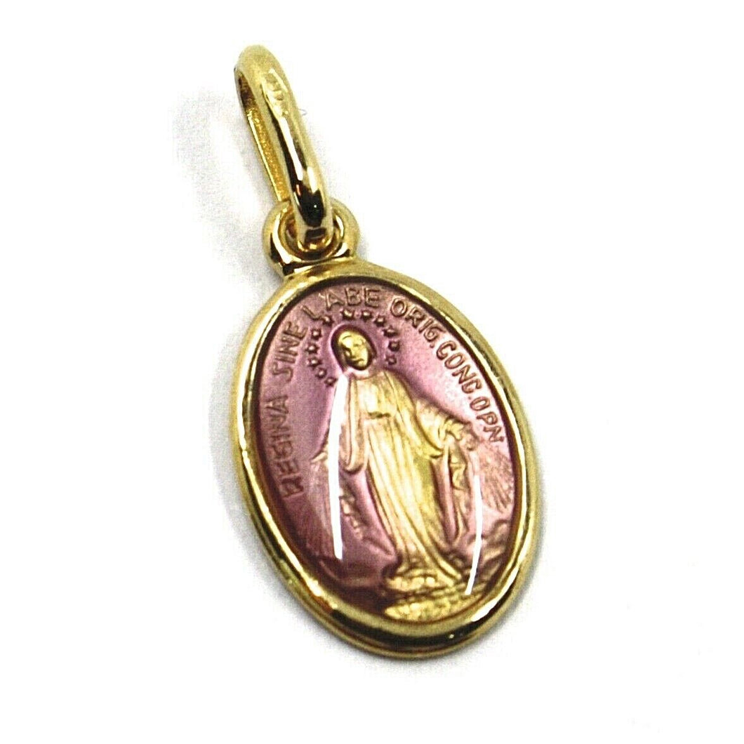 SOLID 18K YELLOW OVAL GOLD MEDAL, VIRGIN MARY 13mm, MIRACULOUS, PURPLE ENAMEL