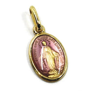 SOLID 18K YELLOW OVAL GOLD MEDAL, VIRGIN MARY 13mm, MIRACULOUS, PURPLE ENAMEL