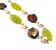 Load image into Gallery viewer, 18k white gold 32&quot; long necklace fw pearls, oval jasper, brown flat 20mm pearls
