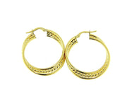 18K YELLOW GOLD TWISTED EARRINGS WORKED & BRIGHT CIRCLE HOOP 23 MM MADE IN ITALY