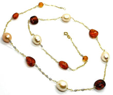 Load image into Gallery viewer, 18K YELLOW GOLD NECKLACE 24&quot;, HEARTS, ALTERNATE AMBER &amp; ROSE DROP PEARLS
