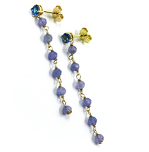 Cargar imagen en el visor de la galería, Pendientes de oro amarillo de 18k de 4,2cm de largo, tanzanita de 3,5mm y circonita azul de 4mm. 
