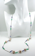 Load image into Gallery viewer, 18k white gold 33&quot; long necklace pink 10mm fw pearls 3.5mm tanzanite chalcedony
