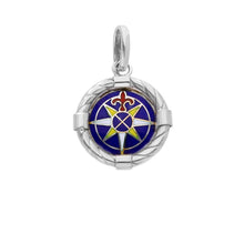 Load image into Gallery viewer, 18k white gold, red blue yellow enamel round 17mm compass pendant braided frame
