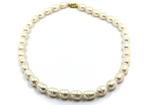 Load image into Gallery viewer, 18k yellow gold 16&quot; necklace, 8x10mm baroque freshwater oval drop white pearls
