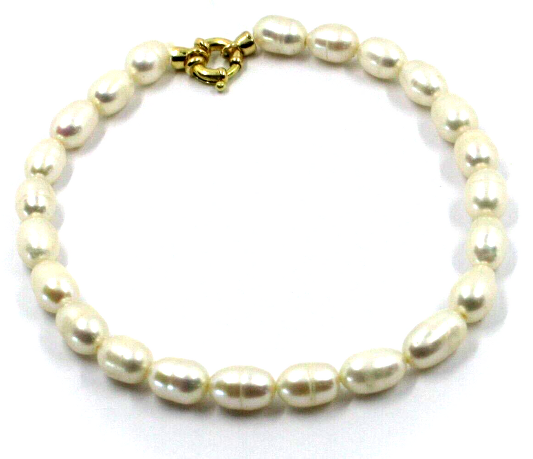 Pulsera de oro amarillo de 18 quilates de 18,1 cm con perlas blancas barrocas de agua dulce de 6 x 7 mm en forma de gota ovalada.