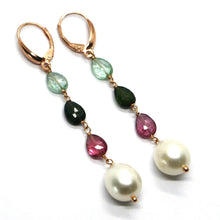 Load image into Gallery viewer, 18K ROSE GOLD LONG EARRINGS PURPLE BLUE GREEN TOURMALINE DROPS BIG 12mm PEARL
