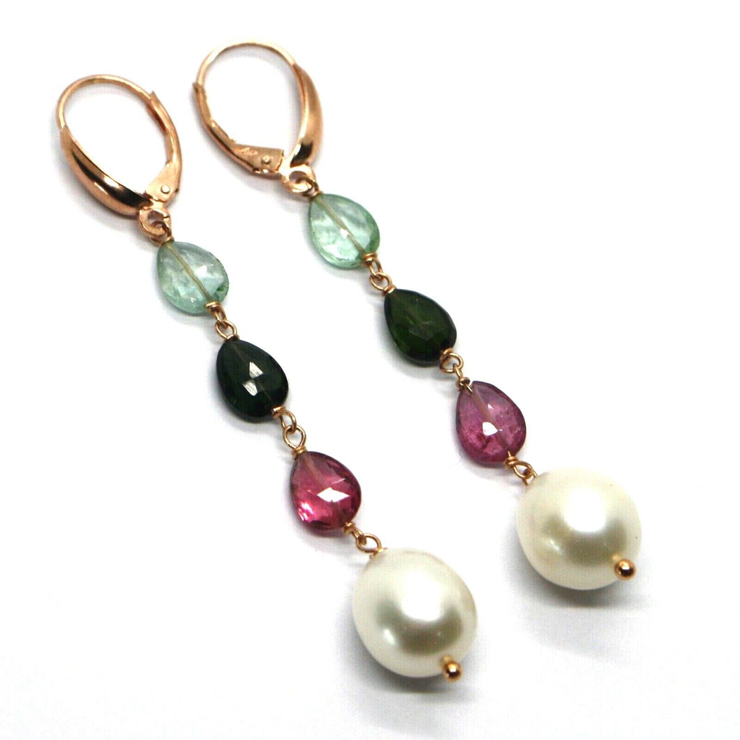 18K ROSE GOLD LONG EARRINGS PURPLE BLUE GREEN TOURMALINE DROPS BIG 12mm PEARL