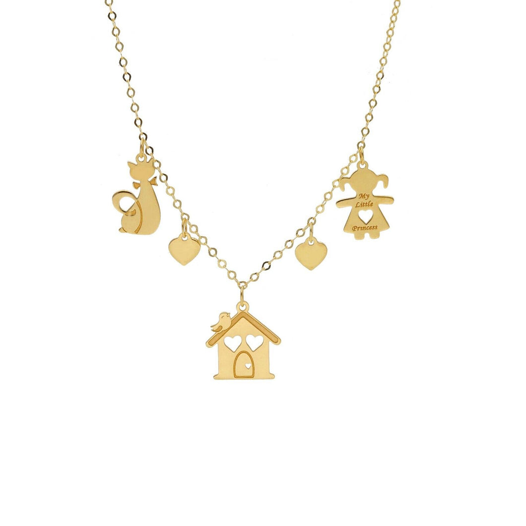 18k yellow gold rolo necklace family with 10mm girl, cat, house, hearts