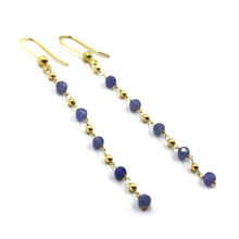 Load image into Gallery viewer, 18k yellow gold 6.5cm 2.5&quot; long earrings natural 3mm tanzanite, 1.5mm spheres
