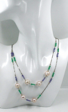 Load image into Gallery viewer, 18k white gold 33&quot; long necklace pink 10mm fw pearls 3.5mm tanzanite chalcedony
