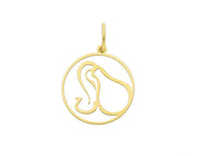 18k yellow gold zodiac sign round small 15mm flat pendant, zodiacal, aquarius
