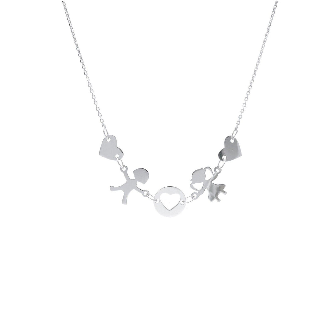 18k white gold rolo necklace family central with 6mm boy girl and hearts, love
