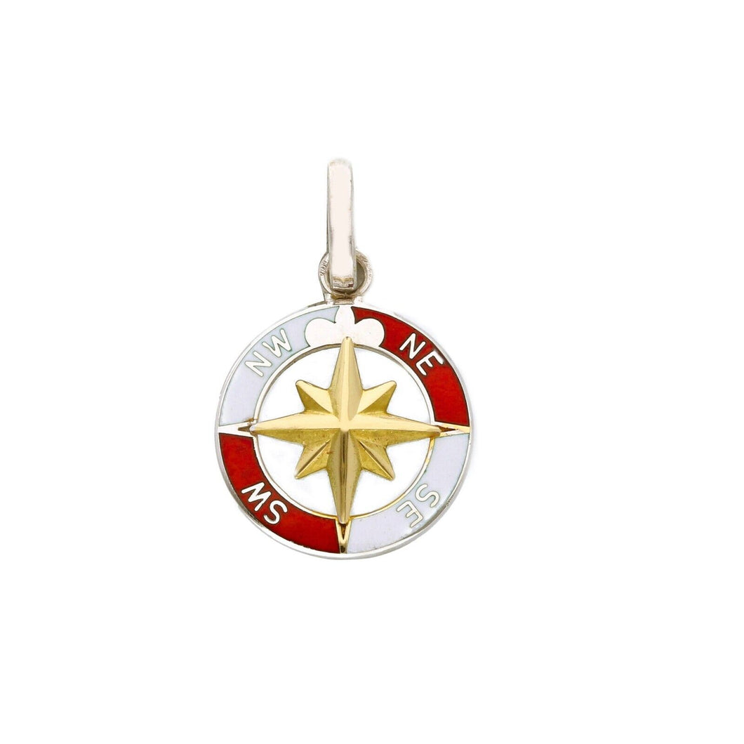 18k white yellow gold red white enamel round pendant, 15mm compass medal