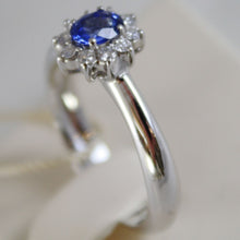 Load image into Gallery viewer, 18K WHITE GOLD FLOWER RING, DIAMOND &amp; OVAL BLUE SAPPHIRE, 0.65
