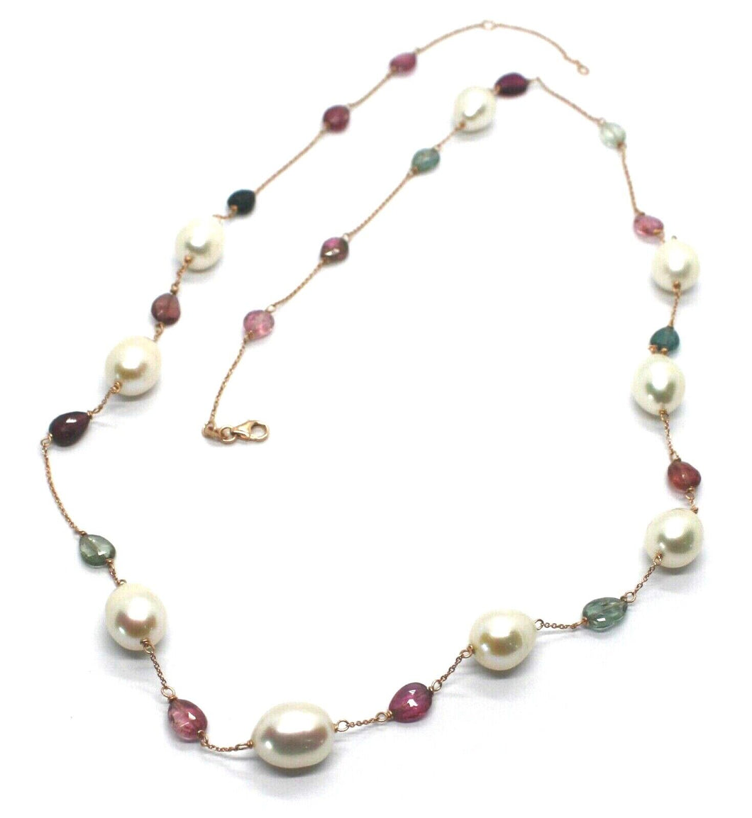 18K ROSE GOLD LONG NECKLACE ROLO, BIG 12mm PEARLS & TOURMALINE DROPS 26.7